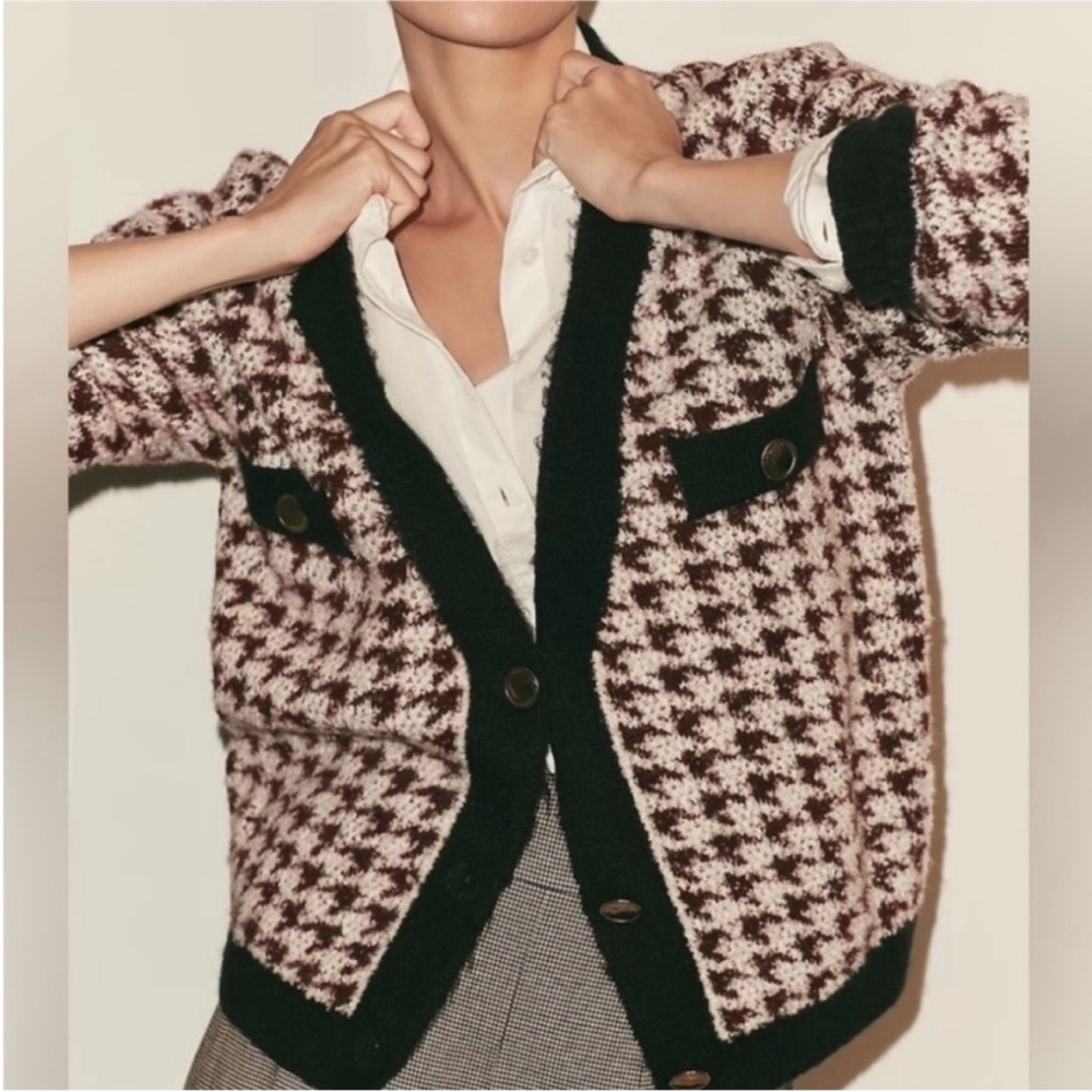 Anthropologie Maeve Houndstooth Cardigan Lady Jacket Sweater Burgundy XS